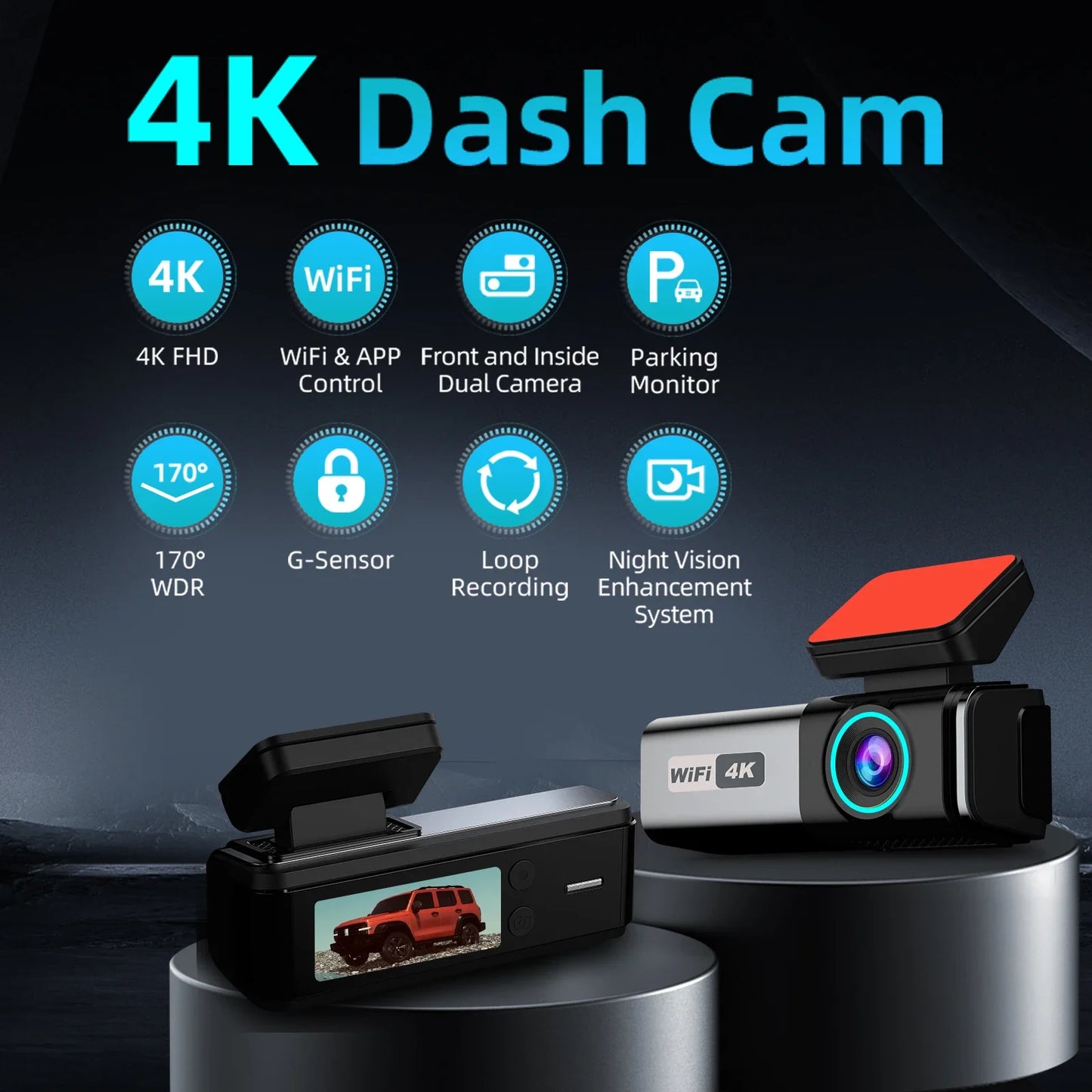 Aprilboy WIFI Dash Cam 4K Car DVR Front and Rear Dual Lens Auto Car Camera with APP Control Night Vision 24H Parking Monitor