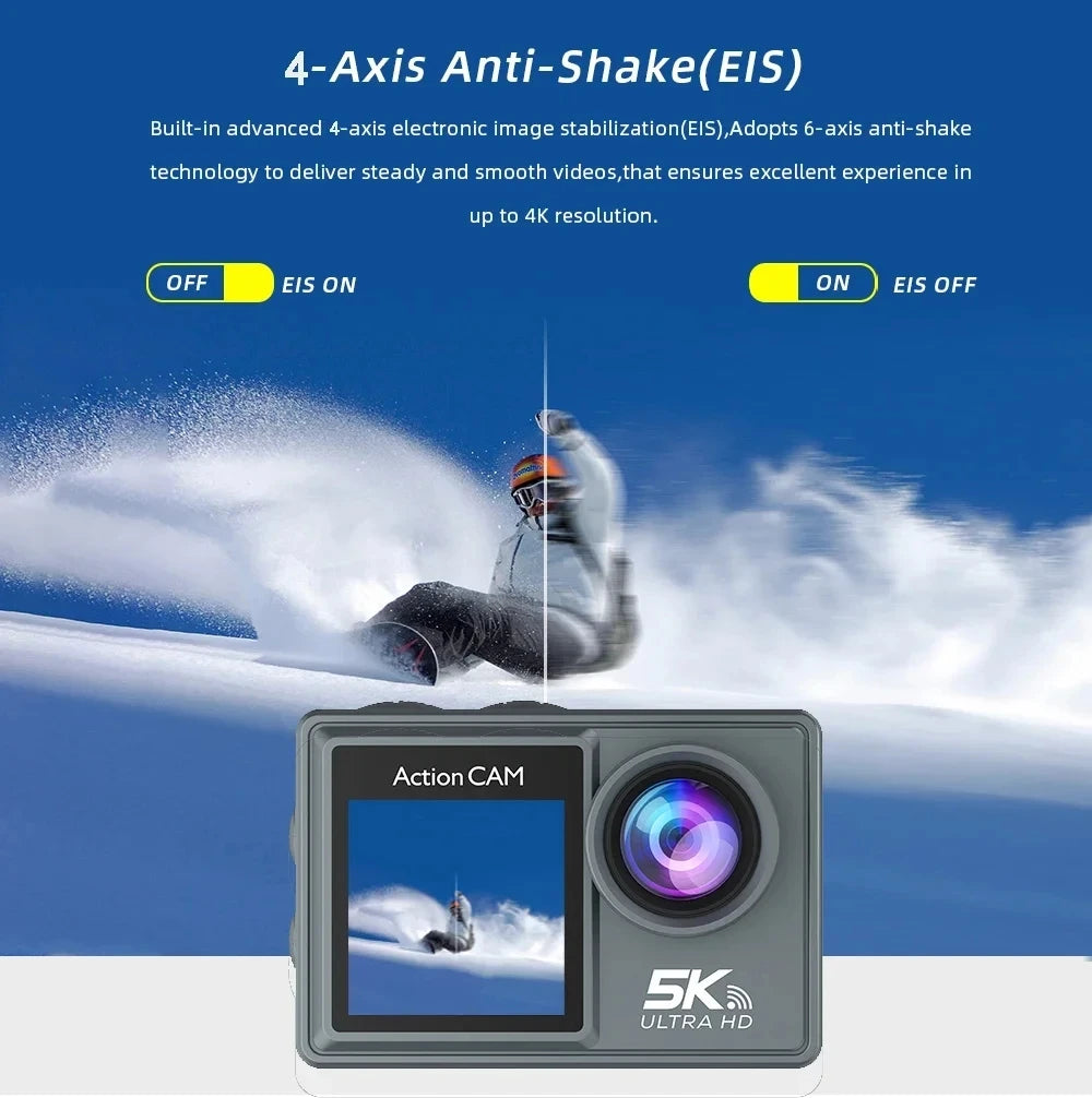 2025 NEW Action Camera 5K 4K 60FPS WiFi Anti-shake Dual Screen 170° Wide Angle 30m Waterproof Sport Camera with Remote Control