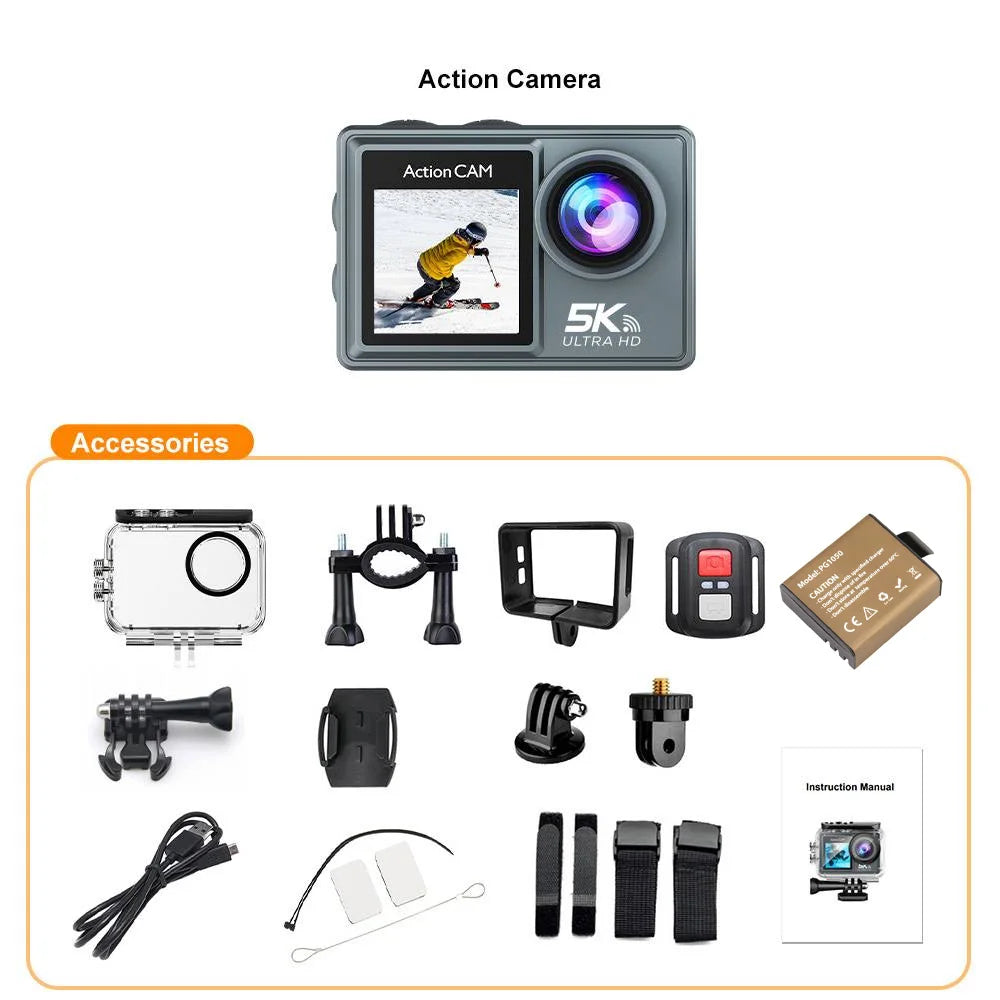 5K Action Camera 4K60FPS Dual IPS Touch LCD EIS WiFi 170° 30M Waterproof 5X Zoom Professional Sport Camera With Remote Control