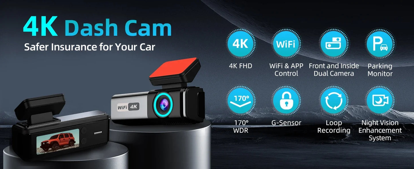 Aprilboy WIFI Dash Cam 4K Car DVR Front and Rear Dual Lens Auto Car Camera with APP Control Night Vision 24H Parking Monitor