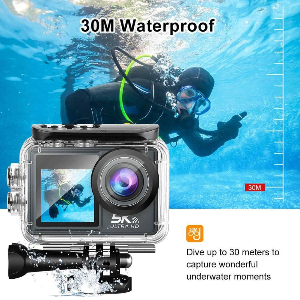 2025 NEW Action Camera 5K 4K 60FPS WiFi Anti-shake Dual Screen 170° Wide Angle 30m Waterproof Sport Camera with Remote Control