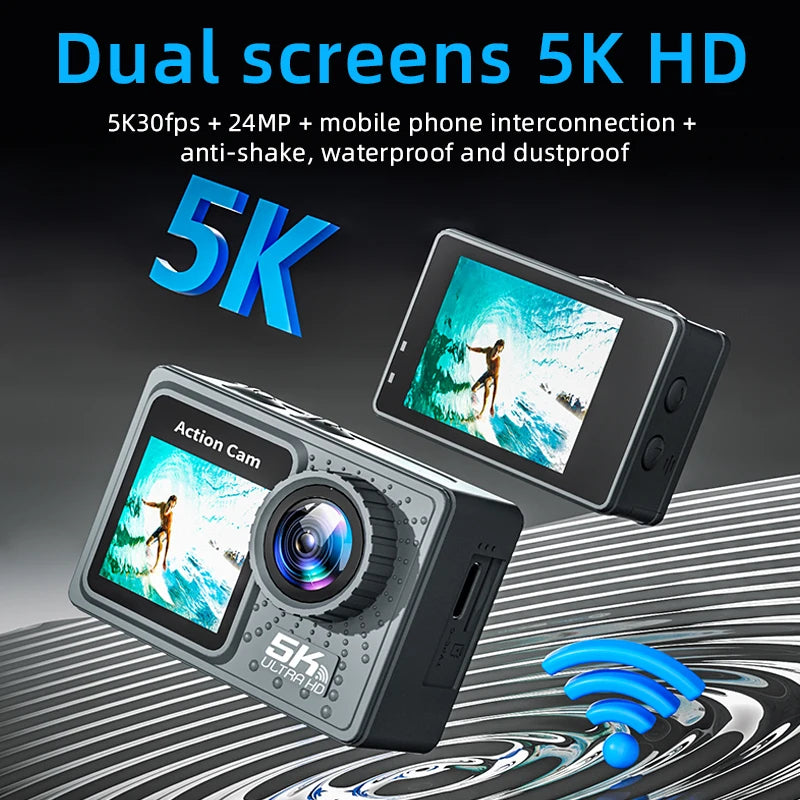 2025 NEW Action Camera 5K 4K 60FPS WiFi Anti-shake Dual Screen 170° Wide Angle 30m Waterproof Sport Camera with Remote Control