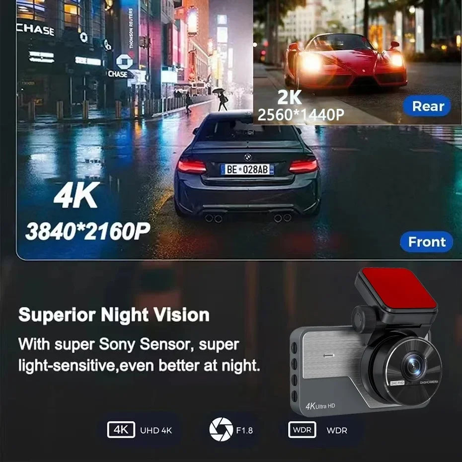 4K Ultra HD Dual Dash Cam 3.0'' IPS Screen WiFi Connection With App Control 170° Wide Angle Night Vision G-Sensor Parking Mode