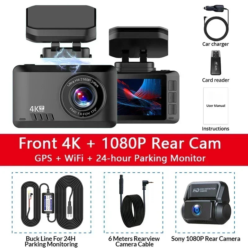 4K WIFI GPS Dash Cam Front And Rear dual Lens Wireless Dash Camera For Cars loop Recording Parking Monitor car accessories