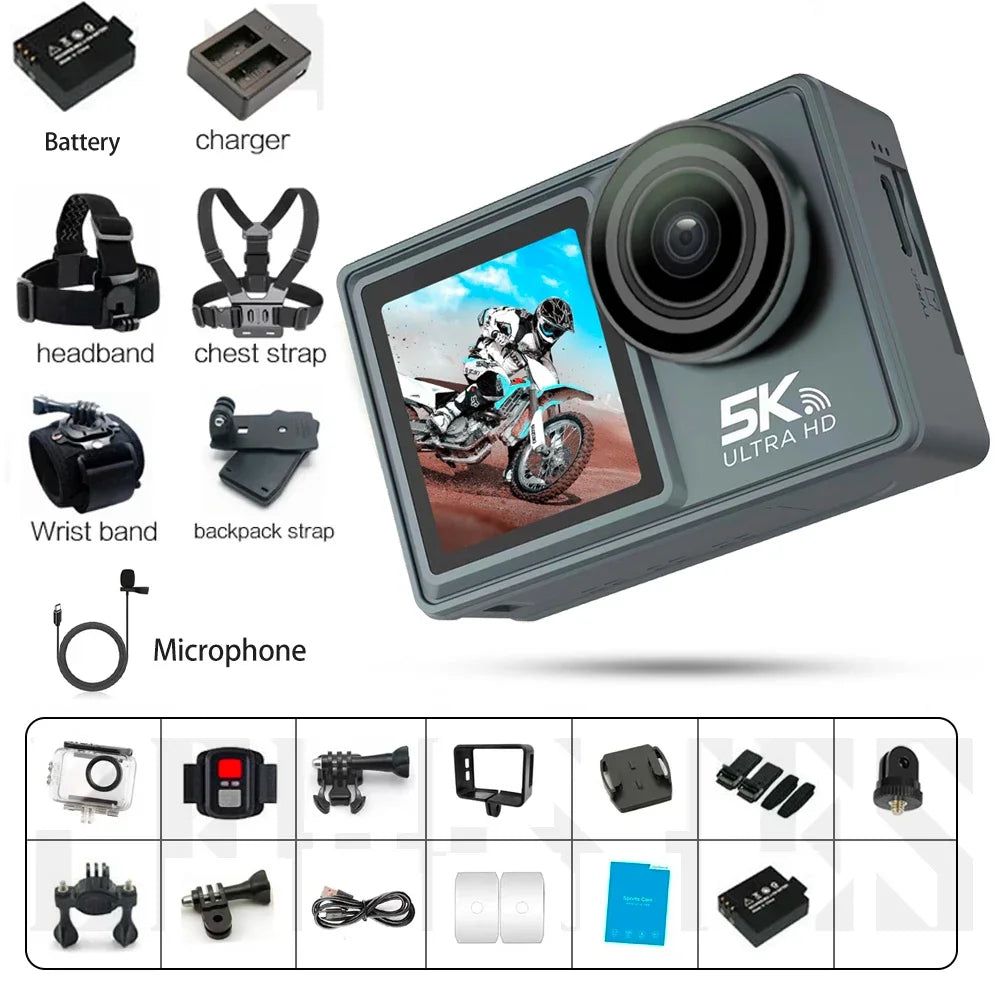 2025 NEW Action Camera 5K 4K 60FPS WiFi Anti-shake Dual Screen 170° Wide Angle 30m Waterproof Sport Camera with Remote Control