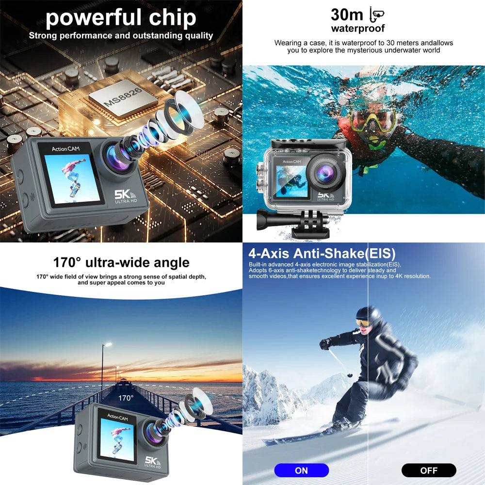 5K Action Camera 4K60FPS Dual IPS Touch LCD EIS WiFi 170° 30M Waterproof 5X Zoom Professional Sport Camera With Remote Control