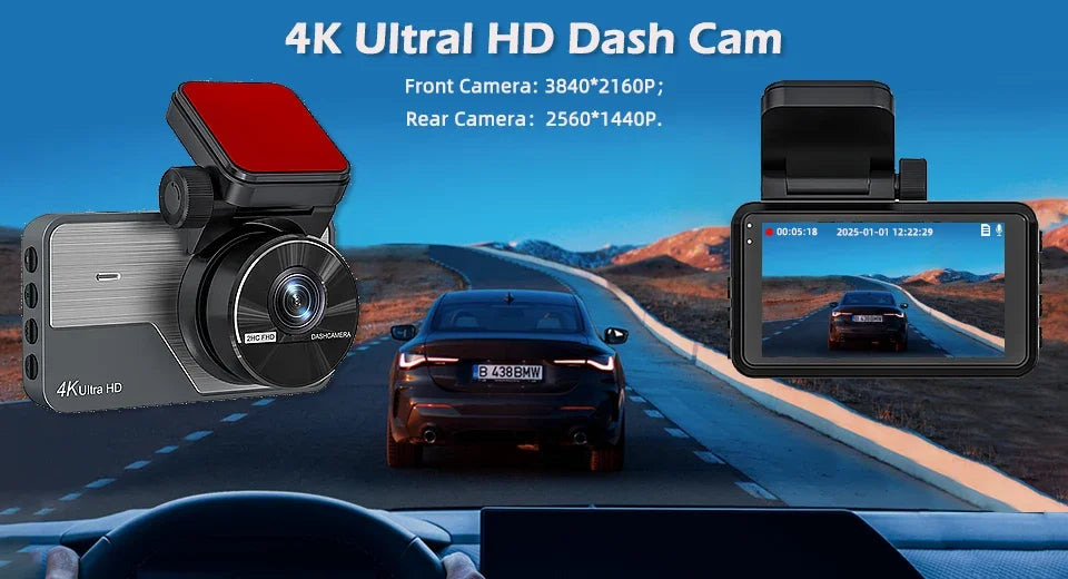 4K Ultra HD Dual Dash Cam 3.0'' IPS Screen WiFi Connection With App Control 170° Wide Angle Night Vision G-Sensor Parking Mode