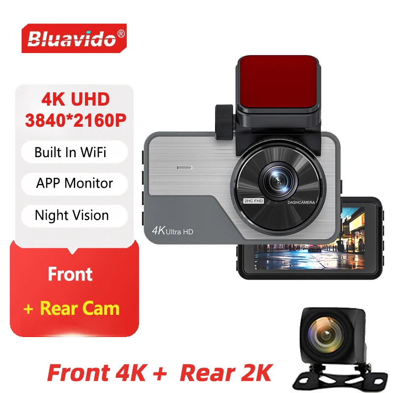 4K Ultra HD Dual Dash Cam 3.0'' IPS Screen WiFi Connection With App Control 170° Wide Angle Night Vision G-Sensor Parking Mode