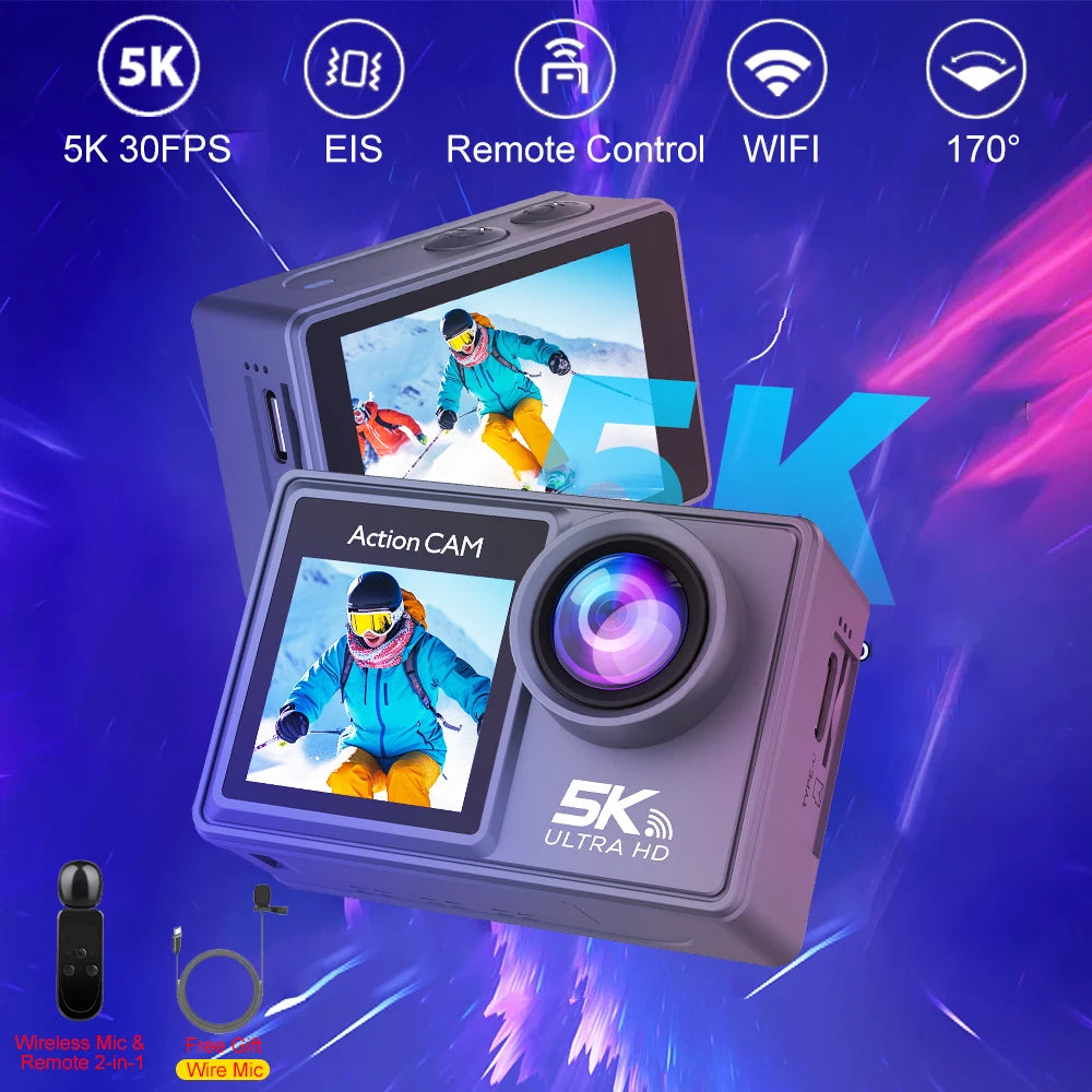 5K Action Camera 4K60FPS Dual IPS Touch LCD EIS WiFi 170° 30M Waterproof 5X Zoom Professional Sport Camera With Remote Control