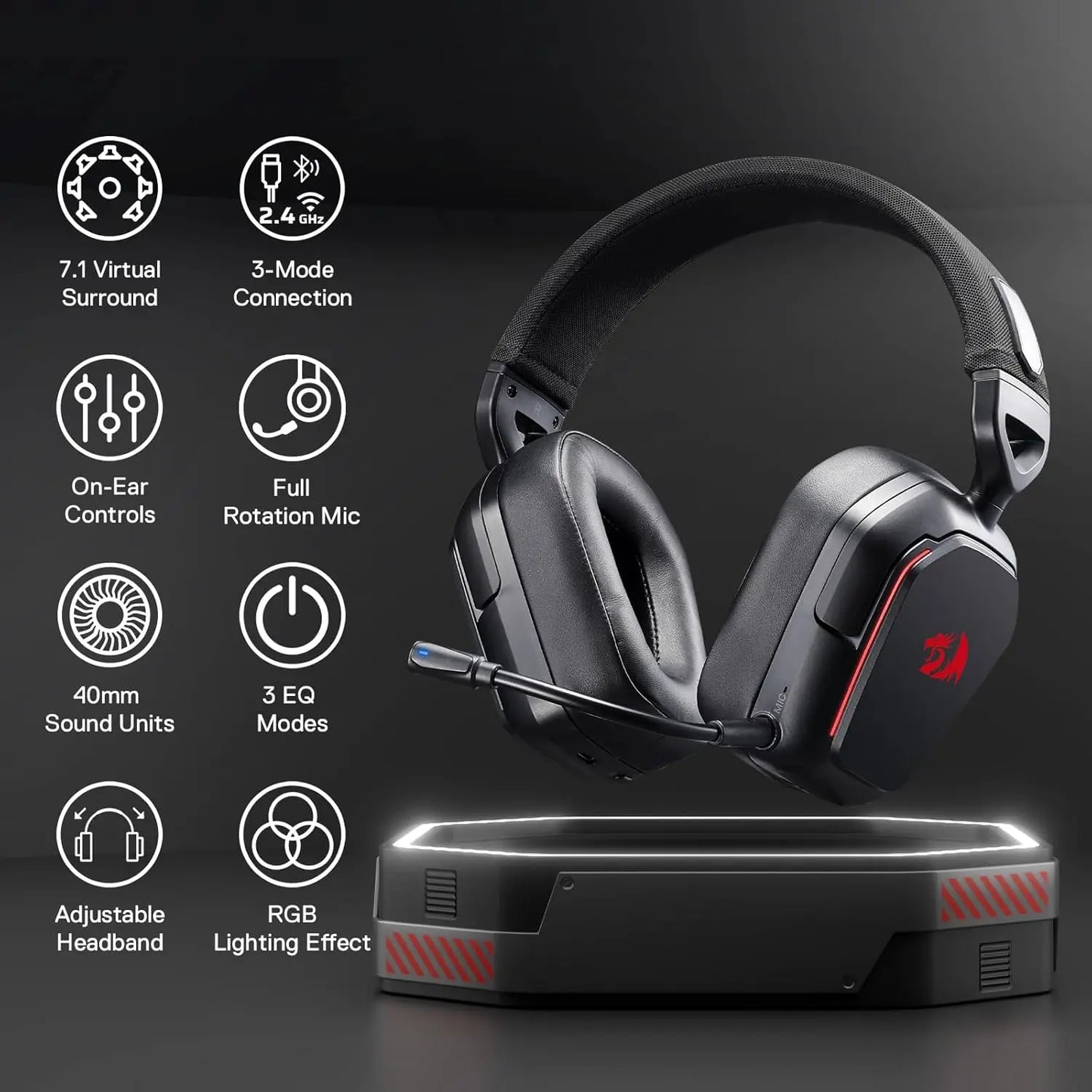 Redragon H868 3-Mode Wireless RGB Gaming Headset 7.1 Surround Sound 40 mm Drivers Noise-canceling Microphone Over-Ear Headphones