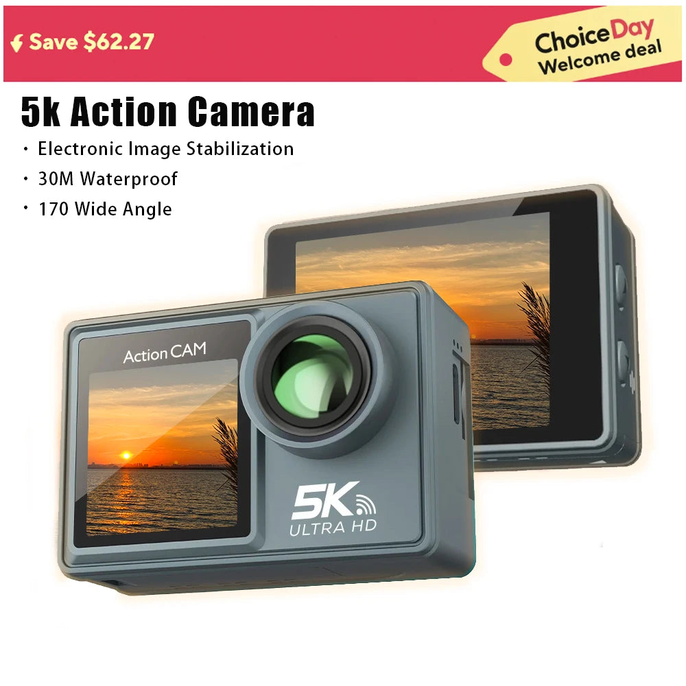 2025 NEW Action Camera 5K 4K 60FPS WiFi Anti-shake Dual Screen 170° Wide Angle 30m Waterproof Sport Camera with Remote Control