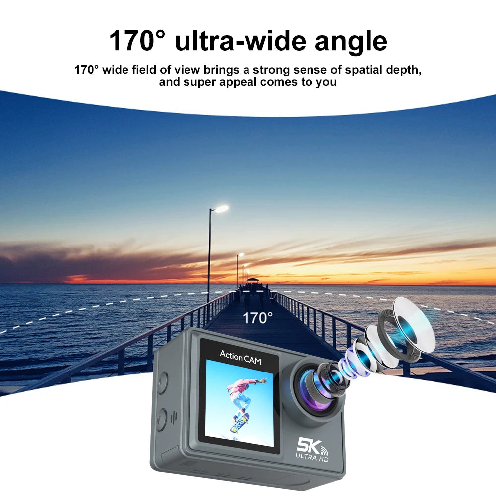 5K Action Camera 4K60FPS Dual IPS Touch LCD EIS WiFi 170° 30M Waterproof 5X Zoom Professional Sport Camera With Remote Control