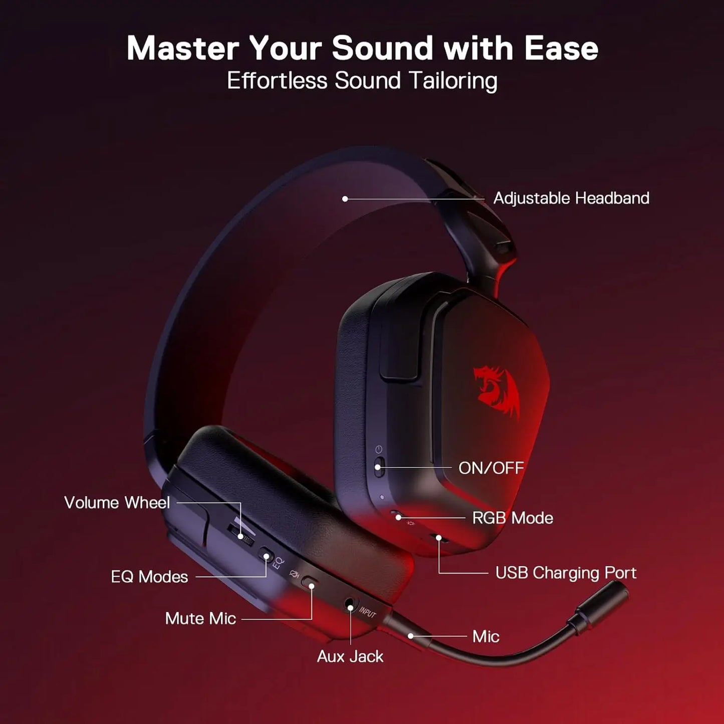 Redragon H868 3-Mode Wireless RGB Gaming Headset 7.1 Surround Sound 40 mm Drivers Noise-canceling Microphone Over-Ear Headphones