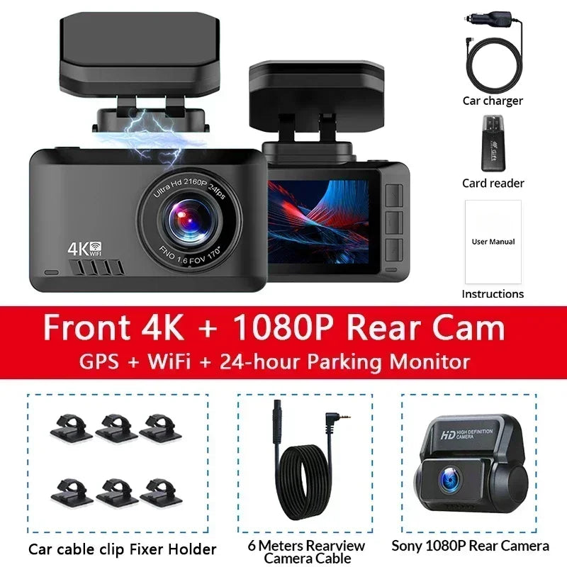 4K WIFI GPS Dash Cam Front And Rear dual Lens Wireless Dash Camera For Cars loop Recording Parking Monitor car accessories