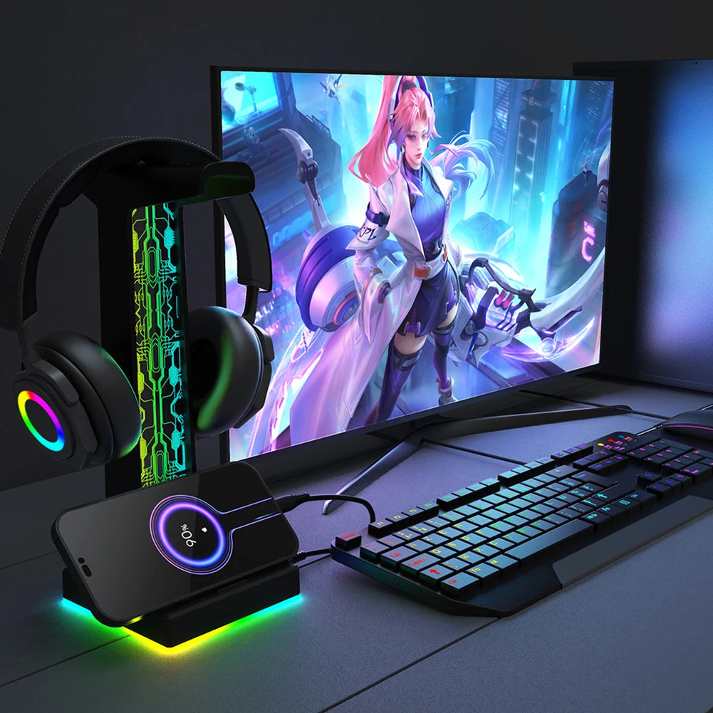 RGB Gaming Headphone Stand Dual USB Port 3.5mm Audio Port 10 Lighting Effects Desktop Gaming Headset Holder Hanger for Gamer PC