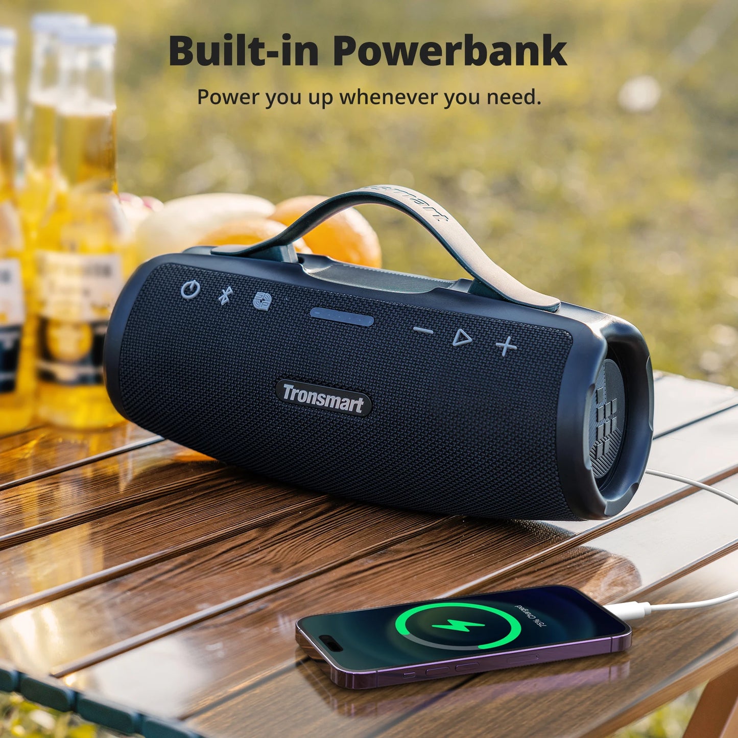 2025 Tronsmart Mirtune S100 Speaker 50W Bluetooth Speaker with IPX7 Waterproof, APP Control, Built-in Powerbank & Retractable