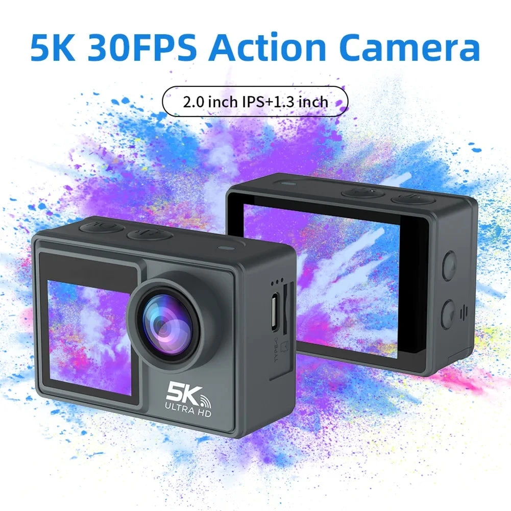 2025 NEW Action Camera 5K 4K 60FPS WiFi Anti-shake Dual Screen 170° Wide Angle 30m Waterproof Sport Camera with Remote Control