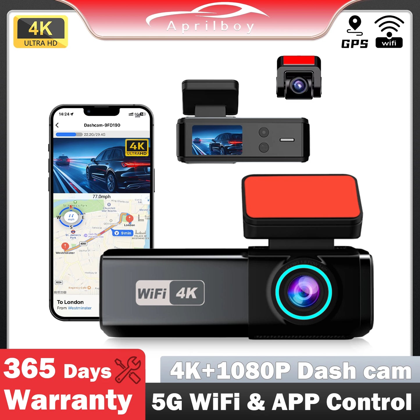 Aprilboy WIFI Dash Cam 4K Car DVR Front and Rear Dual Lens Auto Car Camera with APP Control Night Vision 24H Parking Monitor