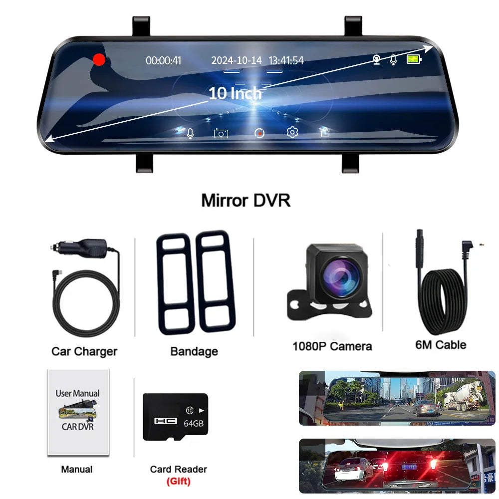 1 set Car Dash Cam 10inch 4K Dvr Carplay Android Auto GPS 5G WIFI AUX Stream RearView Mirror Dashcam Camera Drive Recorder FM