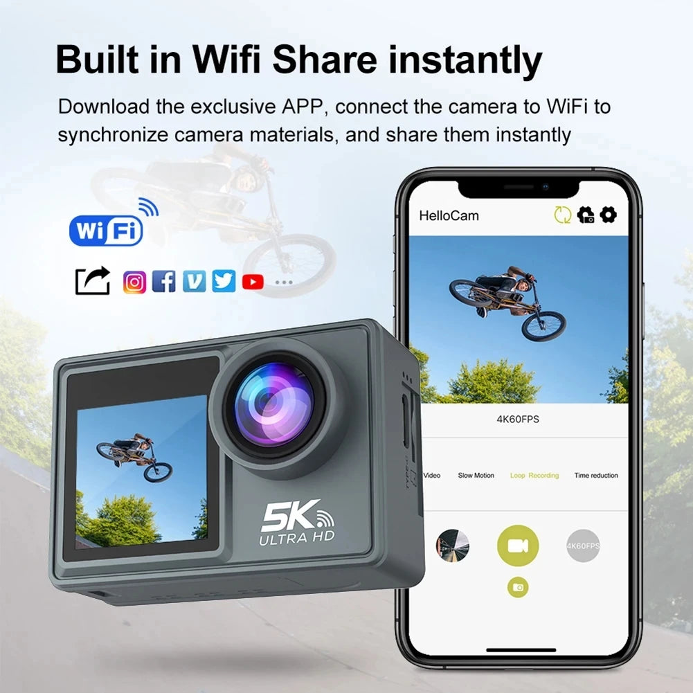 2025 NEW Action Camera 5K 4K 60FPS WiFi Anti-shake Dual Screen 170° Wide Angle 30m Waterproof Sport Camera with Remote Control