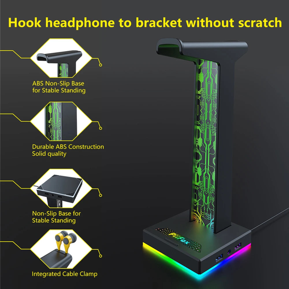 RGB Gaming Headphone Stand Dual USB Port 3.5mm Audio Port 10 Lighting Effects Desktop Gaming Headset Holder Hanger for Gamer PC