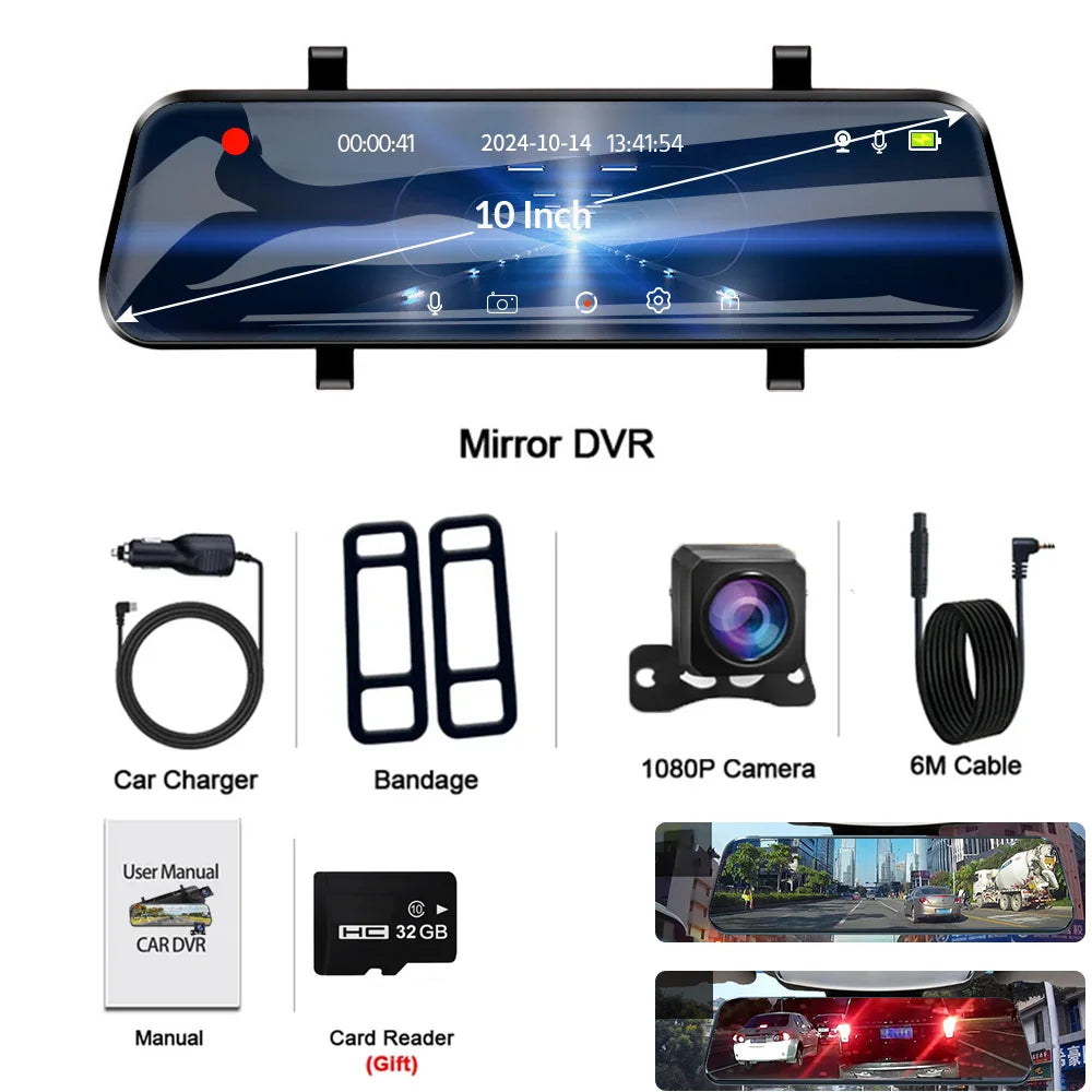 1 set Car Dash Cam 10inch 4K Dvr Carplay Android Auto GPS 5G WIFI AUX Stream RearView Mirror Dashcam Camera Drive Recorder FM