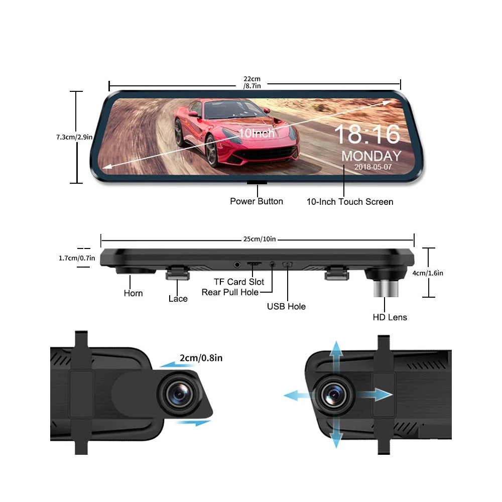 1 set Car Dash Cam 10inch 4K Dvr Carplay Android Auto GPS 5G WIFI AUX Stream RearView Mirror Dashcam Camera Drive Recorder FM