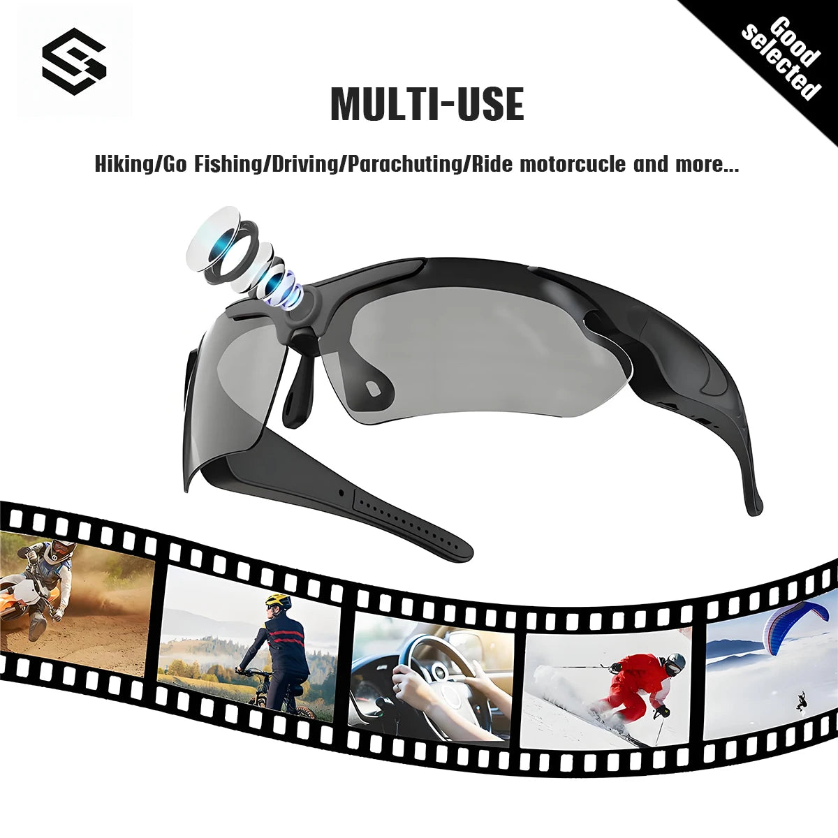 1080P HD Camera Glasses, Portable Video Recorder, Mini Camera Glasses, Sports Camera, Suitable for Driving and Meetings.  d