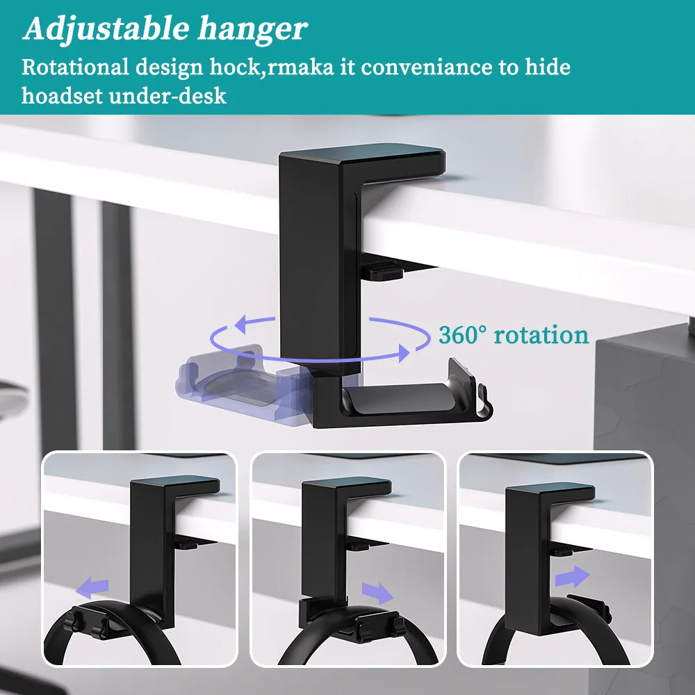 2 In 1 PC Gaming Headphone Stand Adjustable Save Space Rotation Desk-Sided Clamp Headset Support Earphone Holder